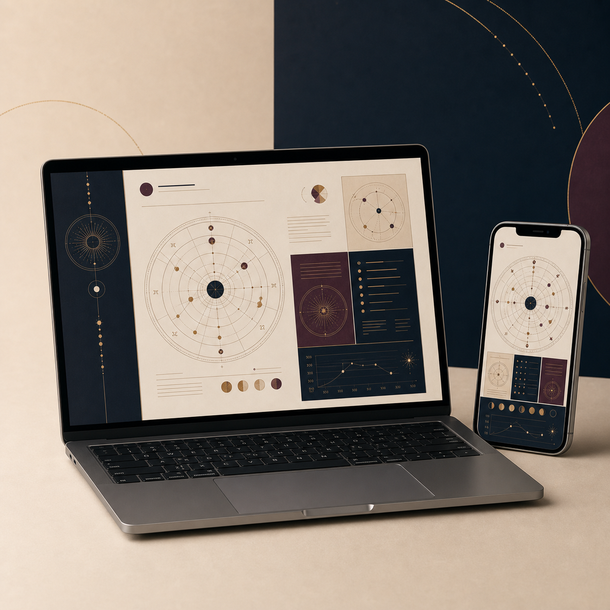 MacBook Pro e iPhone exibindo o relatório astrológico digital da Poera Astro